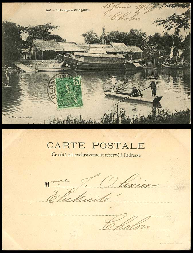 Indo-China 1907 Old Postcard L'Arroyo a Choquan, River Scene Native Boats Houses