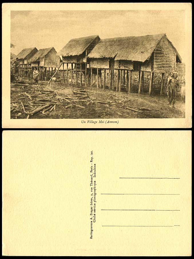 Indo-China Old Postcard Un Village Moi Annam Native Houses on Stilts Man & Women