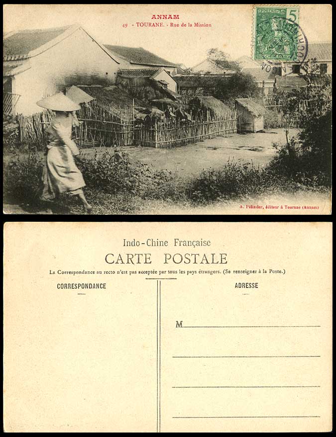 Indo-China 1905 Old Postcard Annam Tourane Rue de la Mission Street Scene Houses