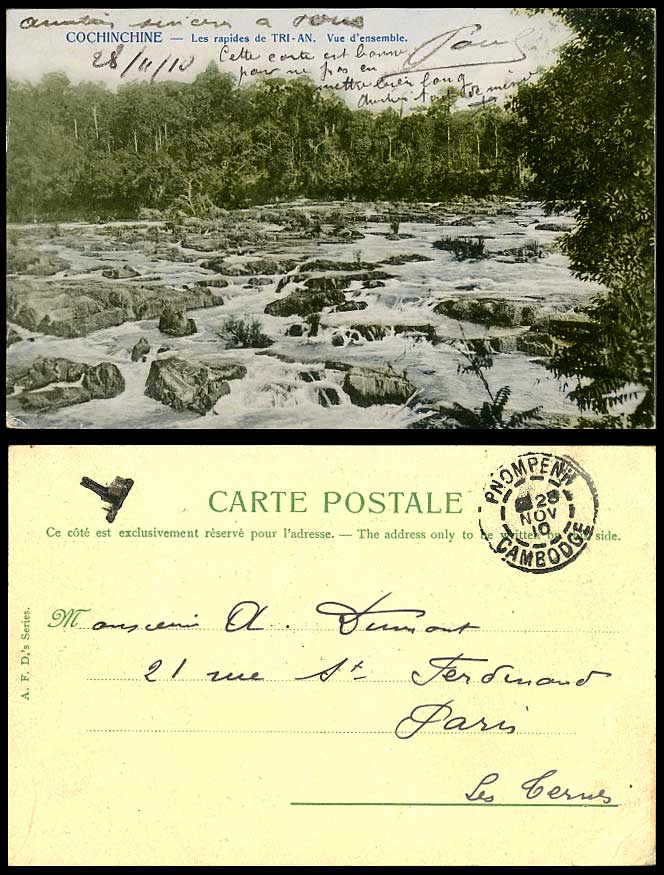 Indochina Postage Due 1910 Old Postcard Cochinchine Les Rapides de Tri-An Rapids