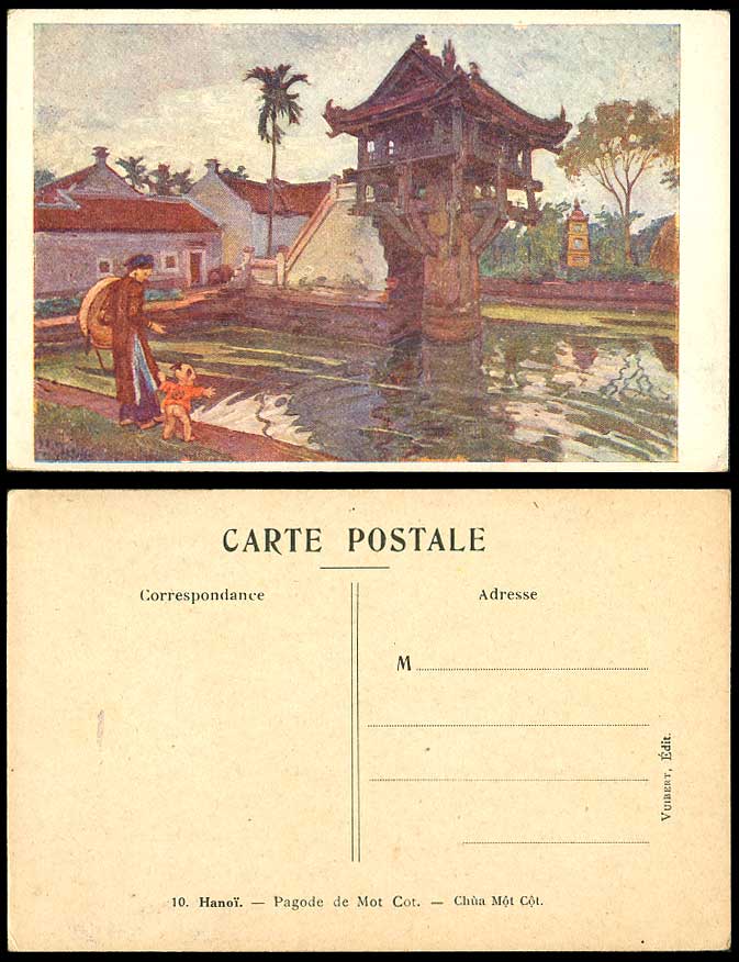 Indo-China SM Salge Artist Signed Old Postcard Hanoi, Pagoda Chua Mot Cot Temple