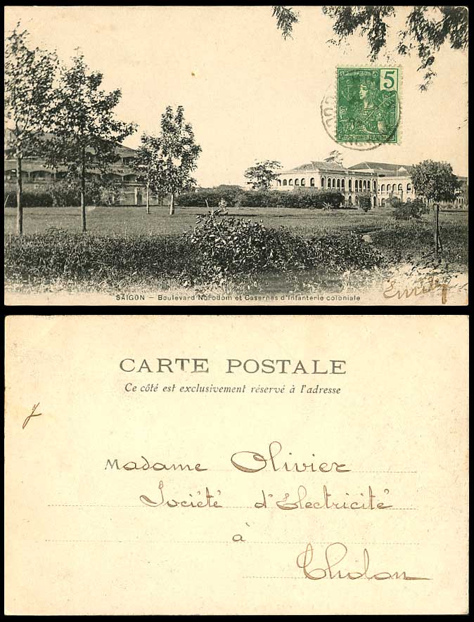 Indo-China 1907 Old Postcard SAIGON Boulevard Norodom Colonial Infantry Barracks