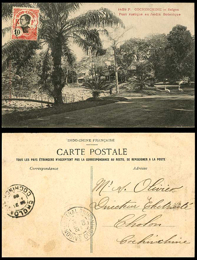 Indo-China 10c 1908 Old Postcard Cochinchine Saigon Rustic Bridge Botanic Garden