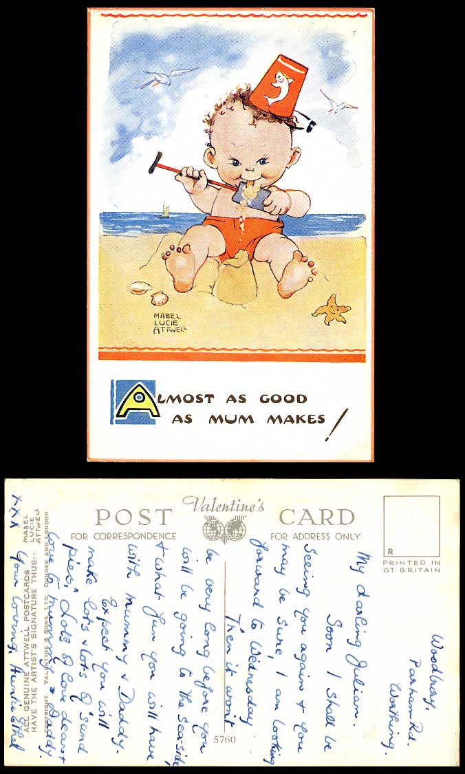 MABEL LUCIE ATTWELL Old Postcard Baby Licks Sand As Good As Mum Makes Beach 5760