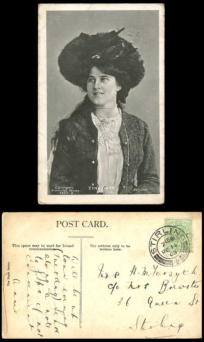 Actresses Miss ZENA DARE wear Hat Necklace 1905 Old Postcard Ettlingers Bromolet