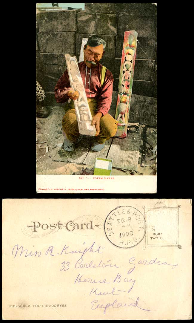 USA 1908 Old Colour Postcard Totem Maker Man Making Totem Pole Edward H Mitchell