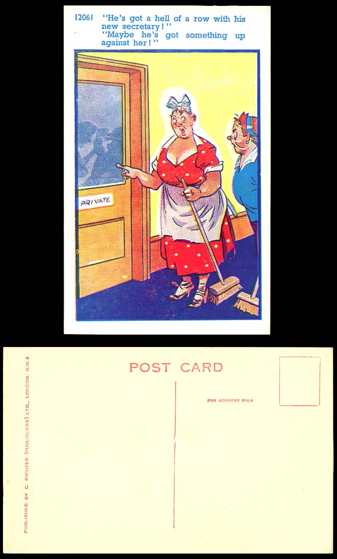 He's Got a Hell of a Row with New Secretary! Cleaners Comic Humour Old Postcard