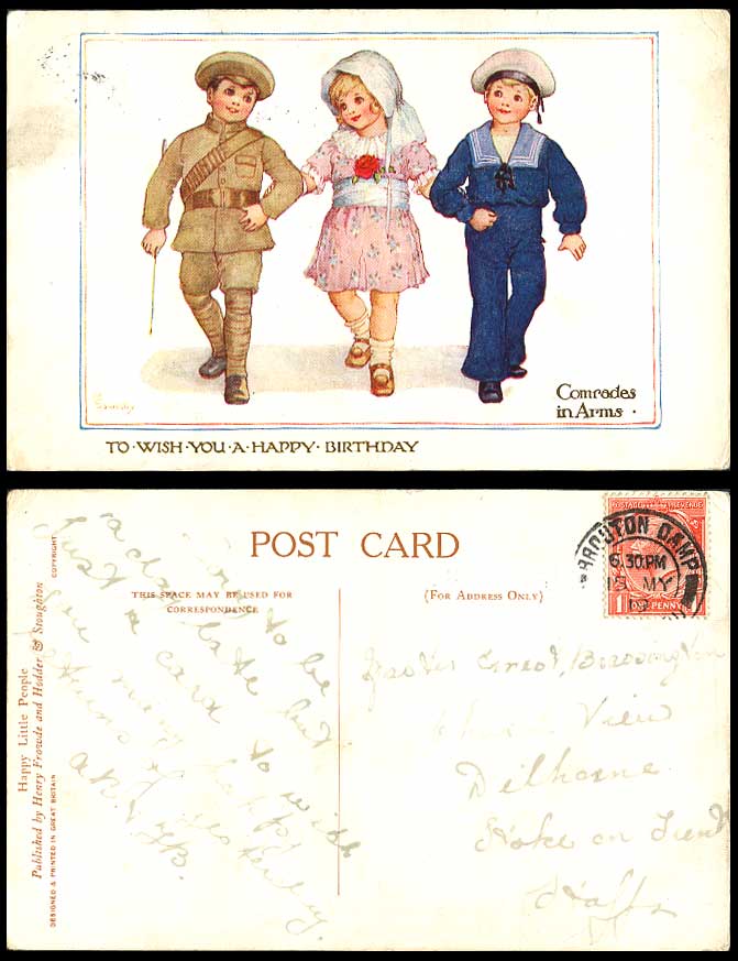 Comrades in Arms Happy Little People 1919 Old Postcard Soldier & Seaman Birthday