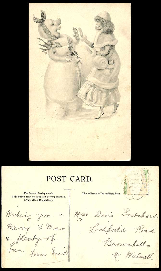 Snowman Snow Man & Glamour Lady Woman Art Artist Drawn Comic Humour Old Postcard