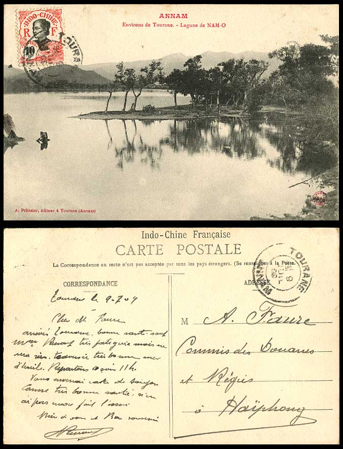Indo-China 10c 1909 Old Postcard Annam Tourane Lagune de NAM-O Lagoon Mountains