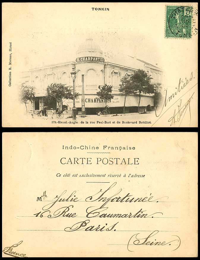 Indo-China 5c 1905 Old Postcard Hanoi Angle de Rue Paul Bert, Boulevard Bobillot