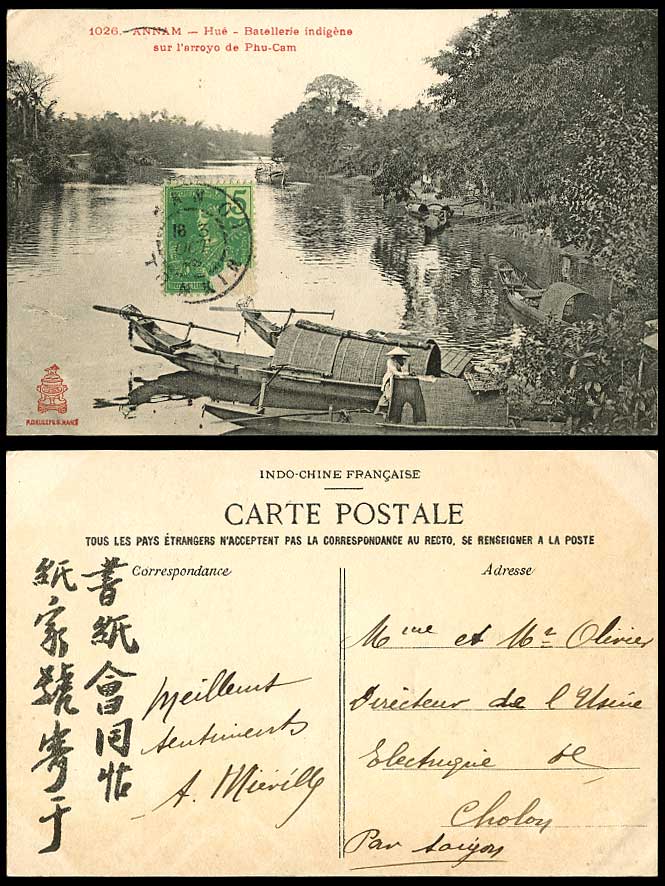 Indo-China 1908 Old Postcard Annam Hue Phu-Cam Arroyo River Native Sampans Boats