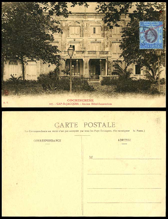 Indochina Hong Kong 4c 1907 Old Postcard Cap St-Jacques Ancient Hotel Sanatorium