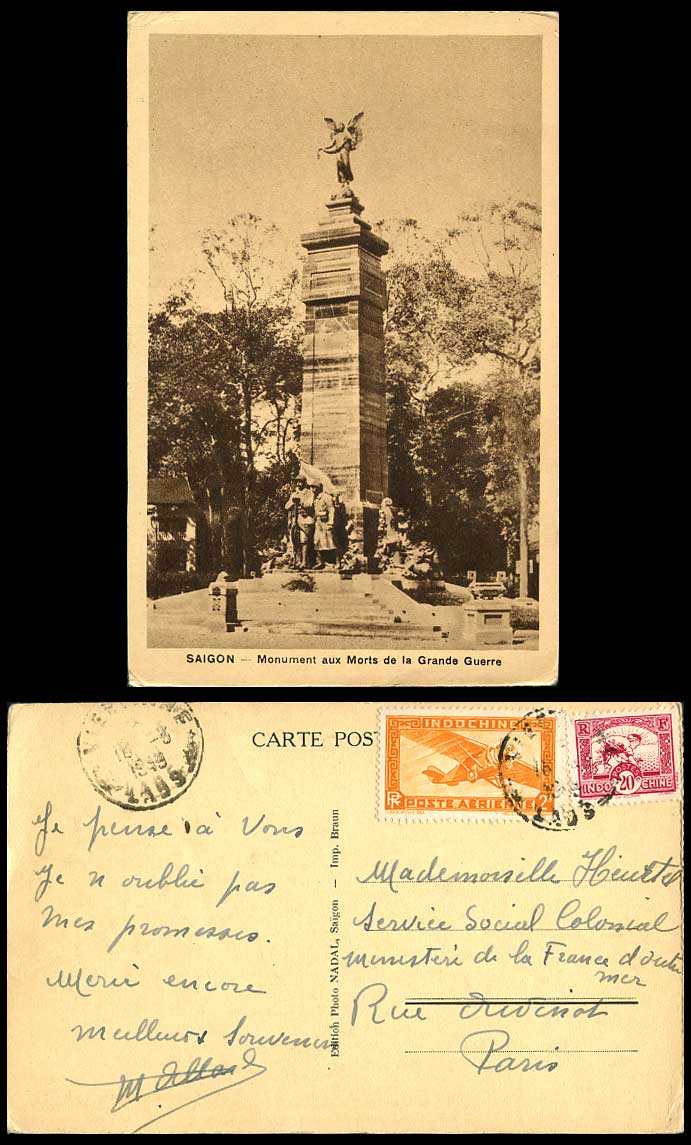 Indo-China $2. 1949 Old Postcard Cochinchine Saigon Great War Monument aux Morts