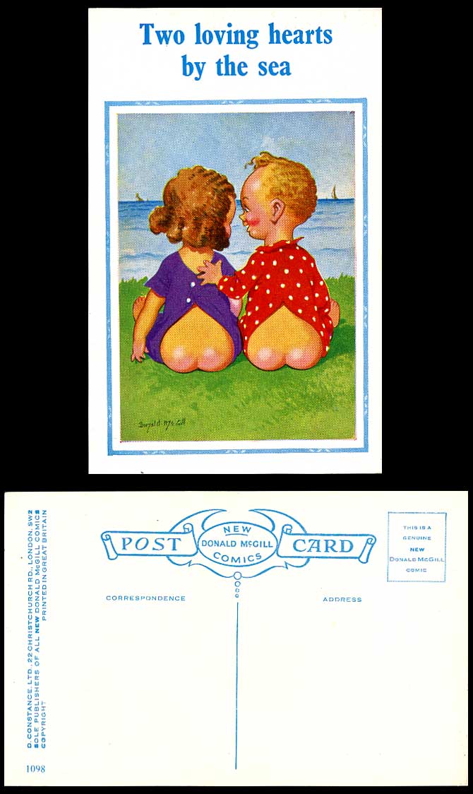 Donald McGill Old Postcard Heart-Shaped Bottoms, 2 Loving Hearts by The Sea 1098