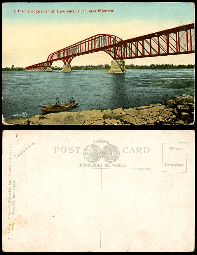 Canada C.P.R. Bridge over St. Lawrence River Scene Boat nr Montreal Old Postcard