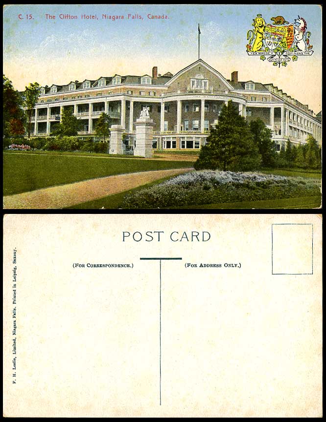 Canada Old Colour Postcard The Clifton Hotel Building Niagara Falls Coat of Arms