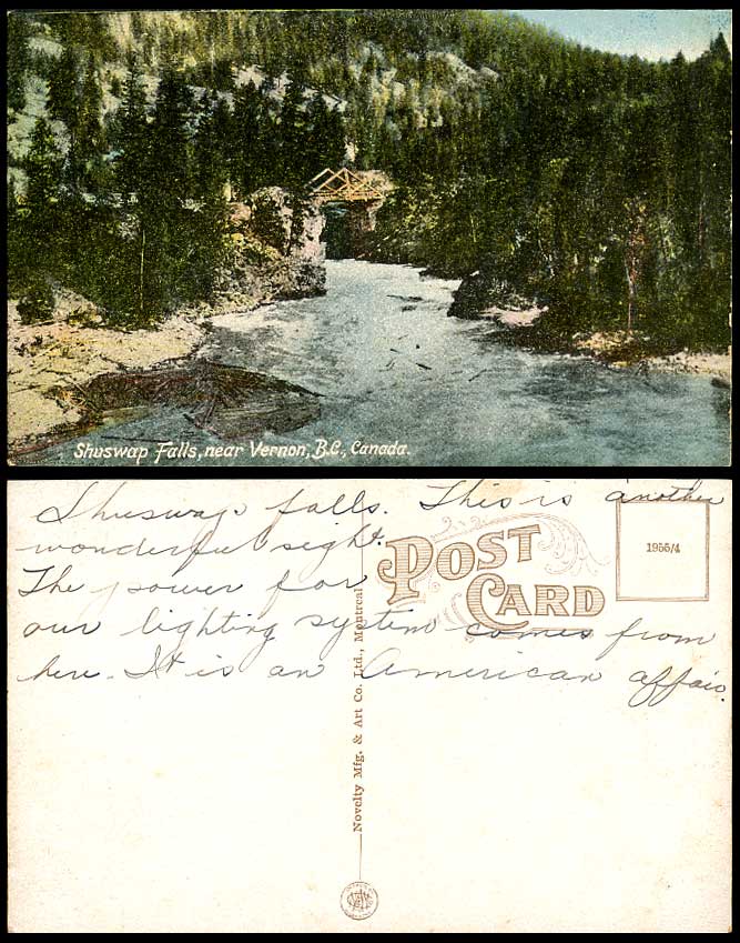 Canada Old Colour Postcard Shuswap Falls near VERNON B.C. Bridge River Scene Mts