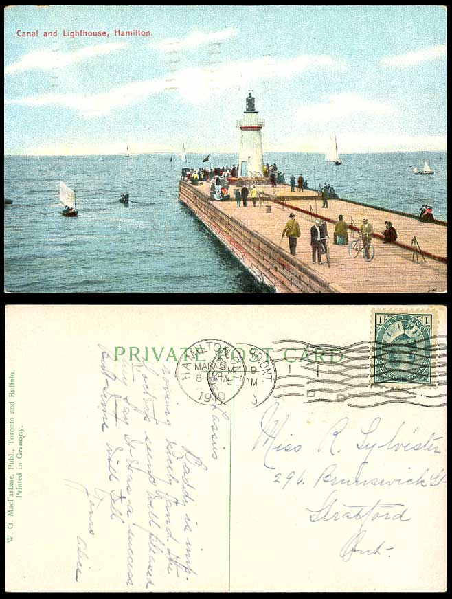 Canada 1910 Old Postcard Canal & Lighthouse Pier Bicycles Sailing Boats Hamilton