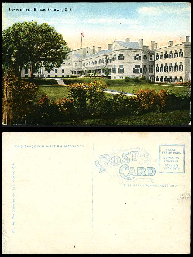 Canada Old Colour Postcard Government House Ottawa Ontario Ont Heliotype Co. Ltd