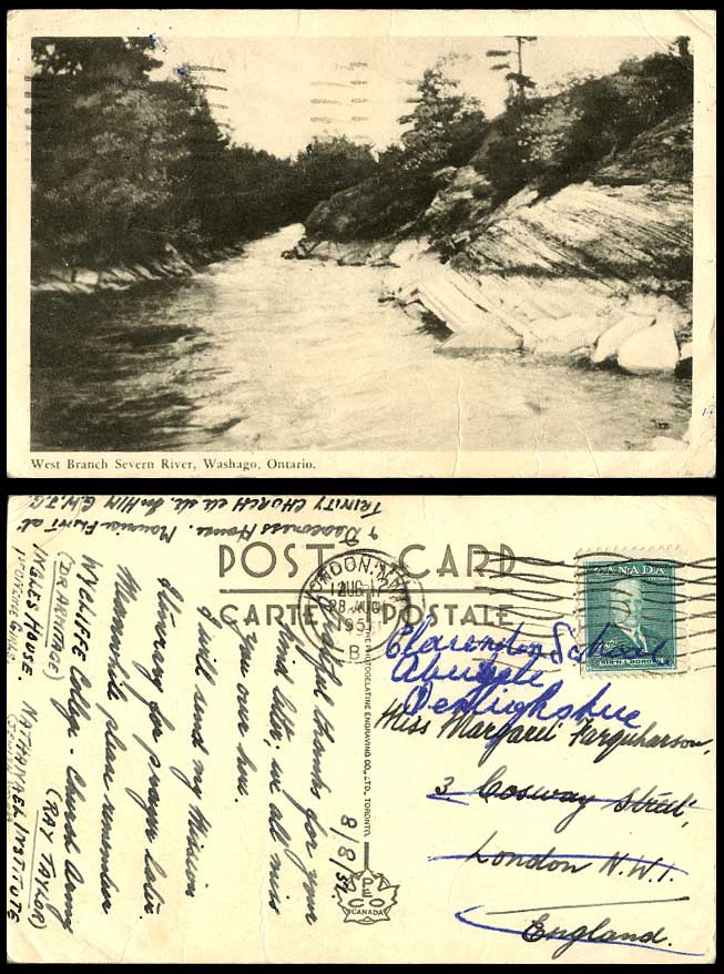 Canada 3c 1951 Old Postcard West Branch Severn River Scene Washago Ontario Rocks