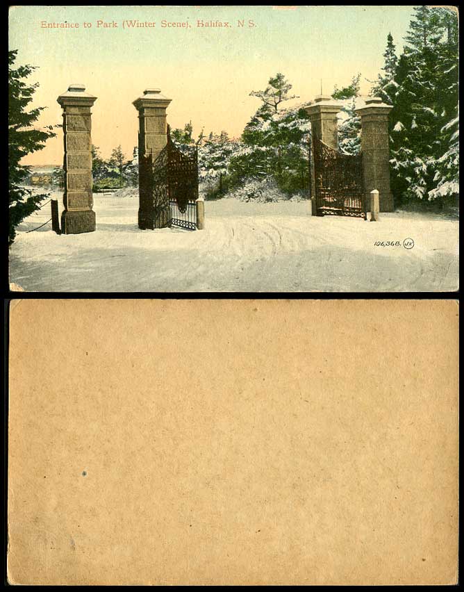 Canada Old Postcard Entrance Gate to Park Winter Scene, Halifax N.S. Nova Scotia