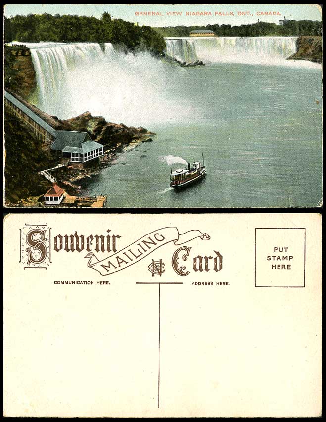 Canada Old Colour Postcard General View Niagara Falls, Ontario, Waterfalls, Boat