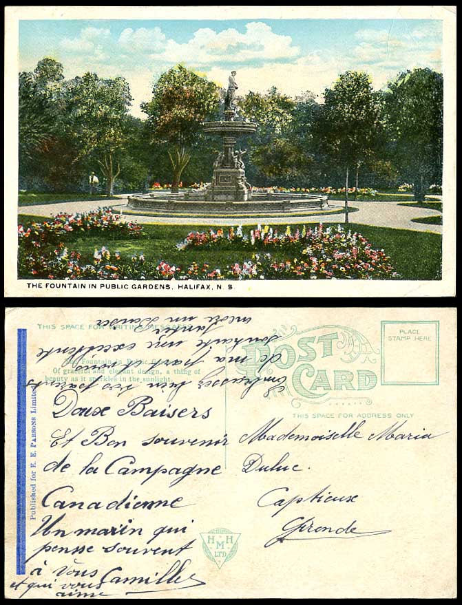 Canada Old Colour Postcard Fountain in Public Garden Halifax Statue Flowers N.S.