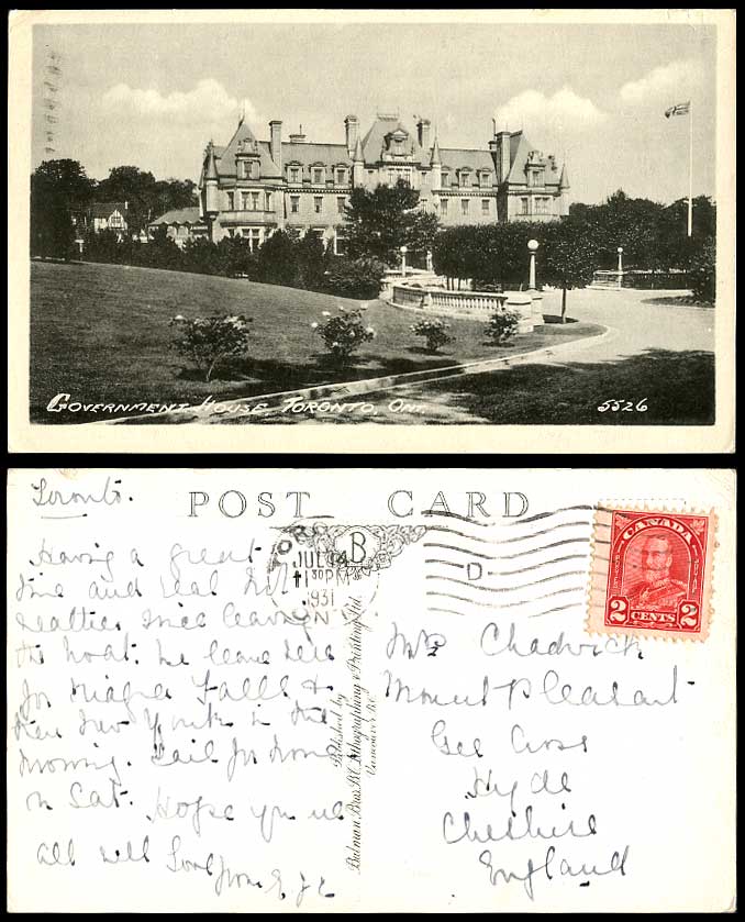 Canada 2c stamp on 1931 Old Postcard Government House, Toronto Ontario Ont. Flag