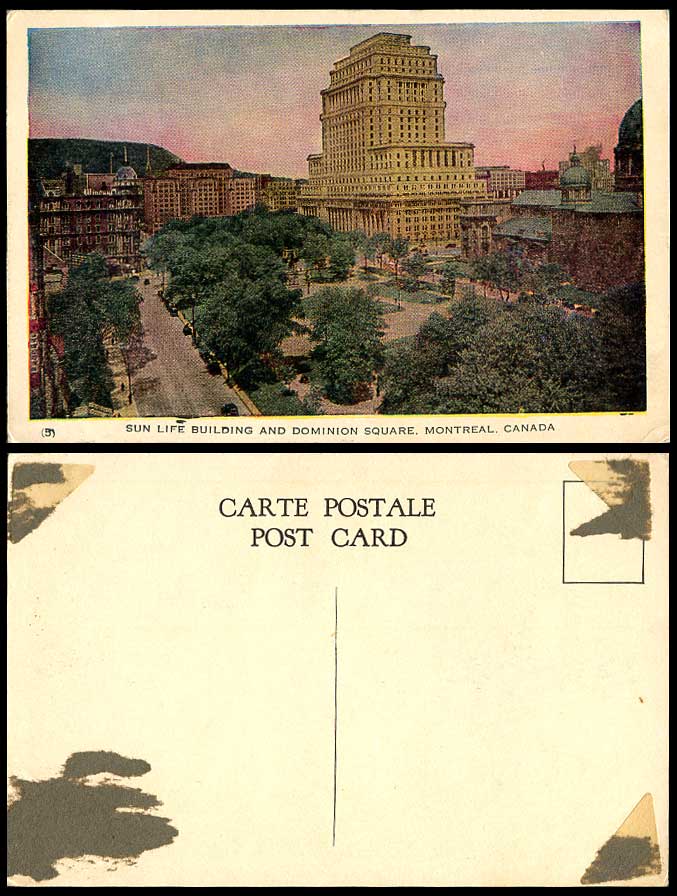 Canada Old Colour Postcard Sun Life Building and Dominion Square Montreal Street