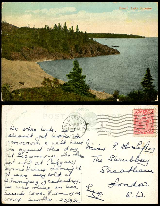 Canada 2c 1902 Old Colour Postcard Beach Lake Superior Panorama Calgary Postmark