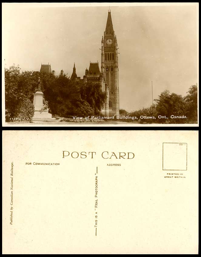 Canada Old Real Photo Postcard Parliament Building Clock Tower Statue Ottawa Ont