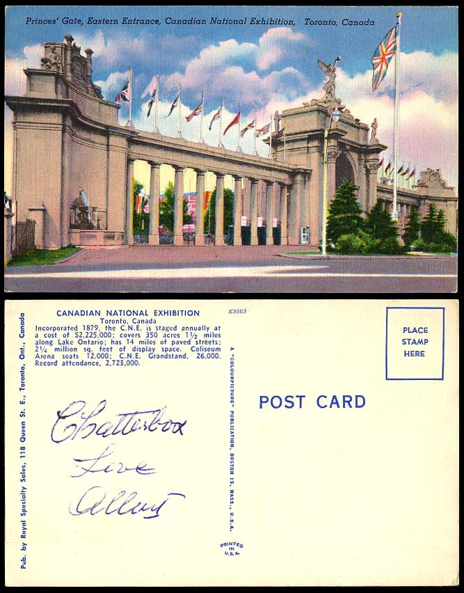 Canada Canadian National Exhibition, Princes' Gate Eastern Entrance Old Postcard