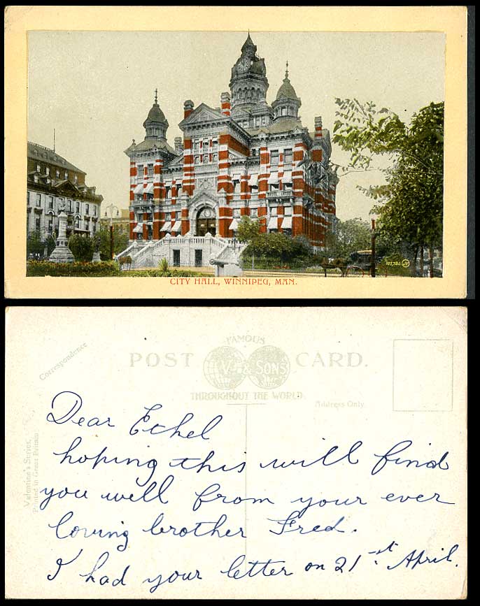 Canada Old Colour Postcard City Hall Winnipeg, Clock Tower Horse Fountain Statue