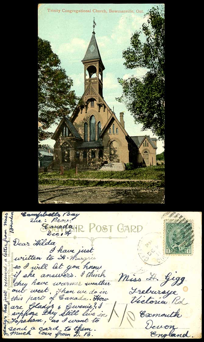 Canada 1911 Old Color Postcard Trinity Congregational Church Bowmanville Ontario
