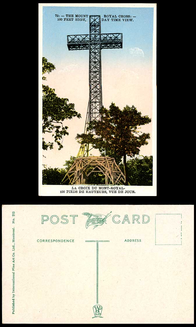 Canada Old Color Postcard Montreal Mount Royal Cross 100 feet High Day Time View