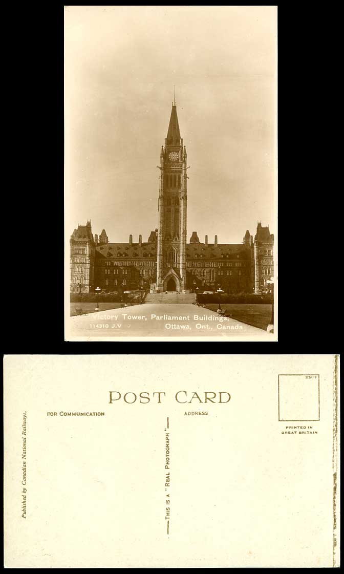 Canada Old Real Photo Postcard Victory Tower Parliament Buildings Ottawa Ontario