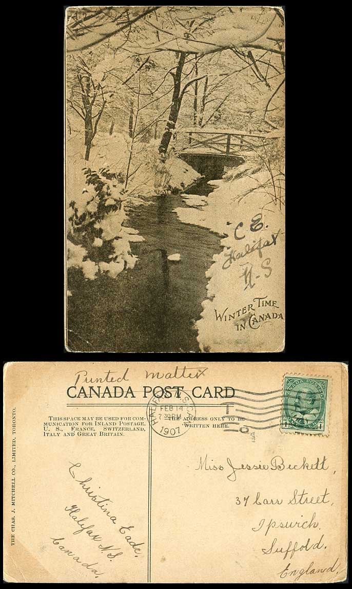 Canada 1c. 1907 Old Postcard Bridge River Scene Winter Time Snow Snowy Landscape