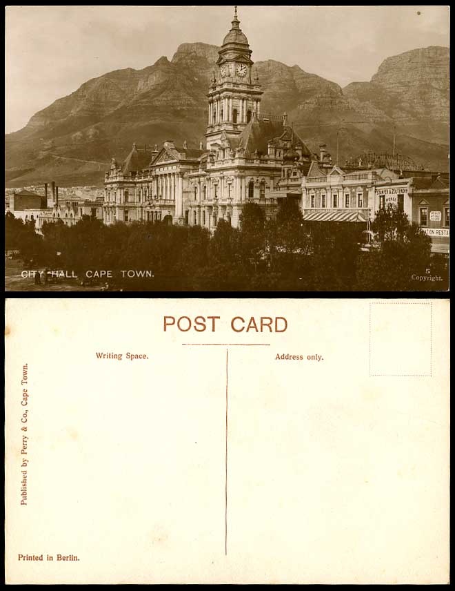 South Africa Cape Town City Hall Clock Tower Mountain Old Real Photo Postcard 5.