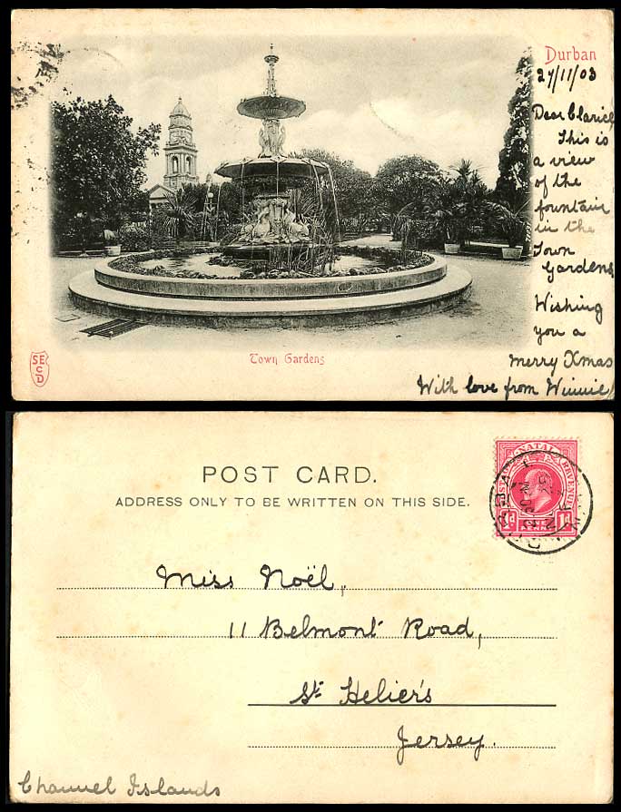 South Africa Natal 1d 1903 Old Postcard Durban Town Gardens Fountain Clock Tower