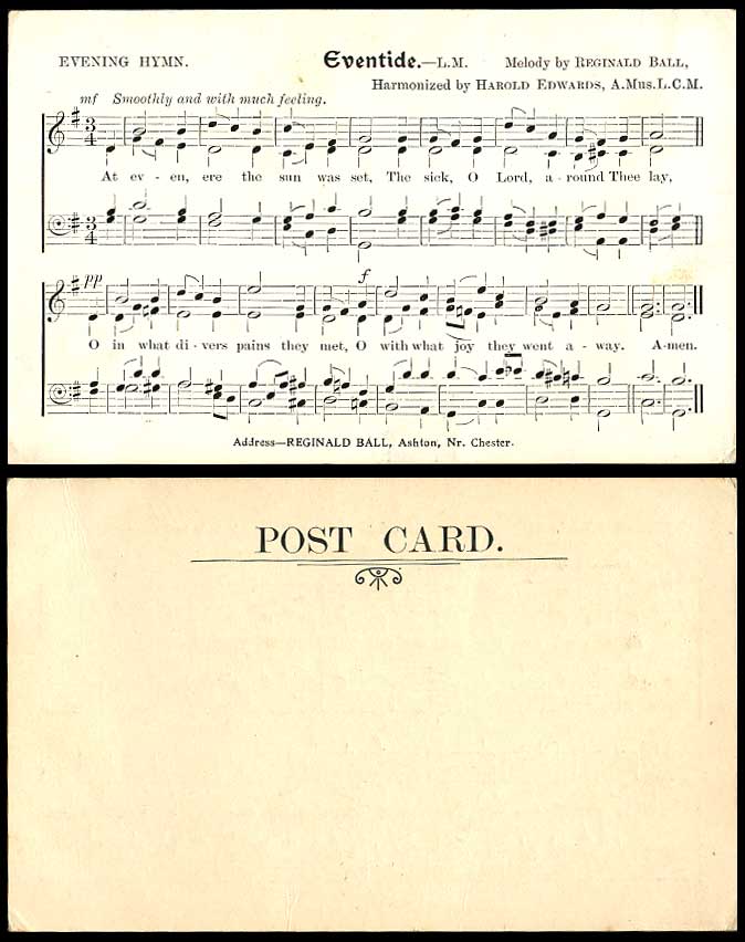 Eventide Evening L.M Hymn by Reginald Ball Harold Edwards Song Card Old Postcard