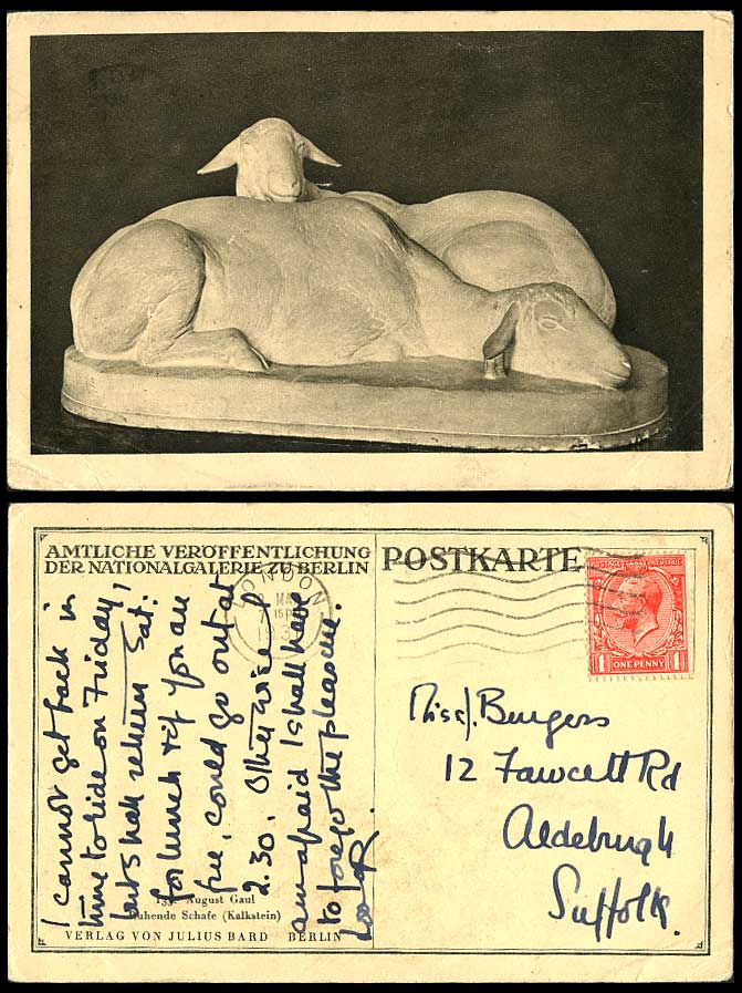 Germany 1931 Old Postcard Resting Sheep Lamb August Gaul Berlin National Gallery