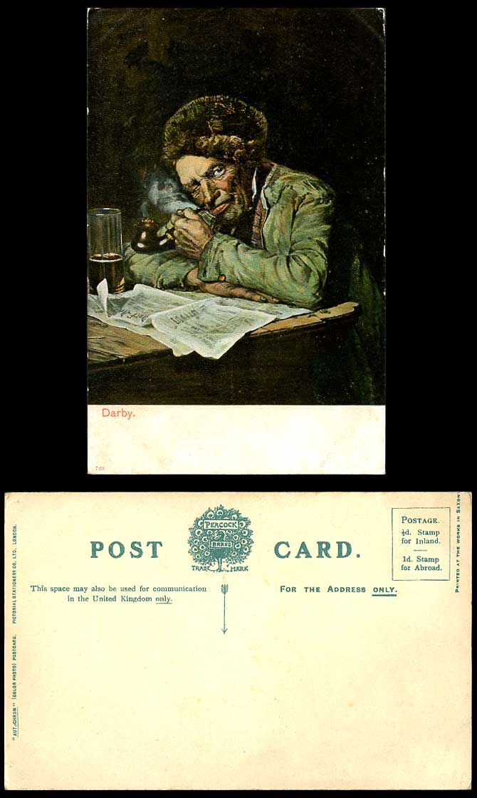 Darby Smoking Pipe Advertising Man Newspaper Beer Old Color Postcard Peacock 723