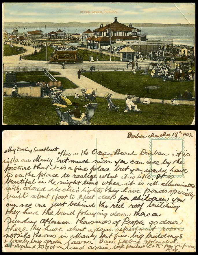 South Africa, Durban, Ocean Beach, Tram, Electrical Fisheries 1912 Old Postcard