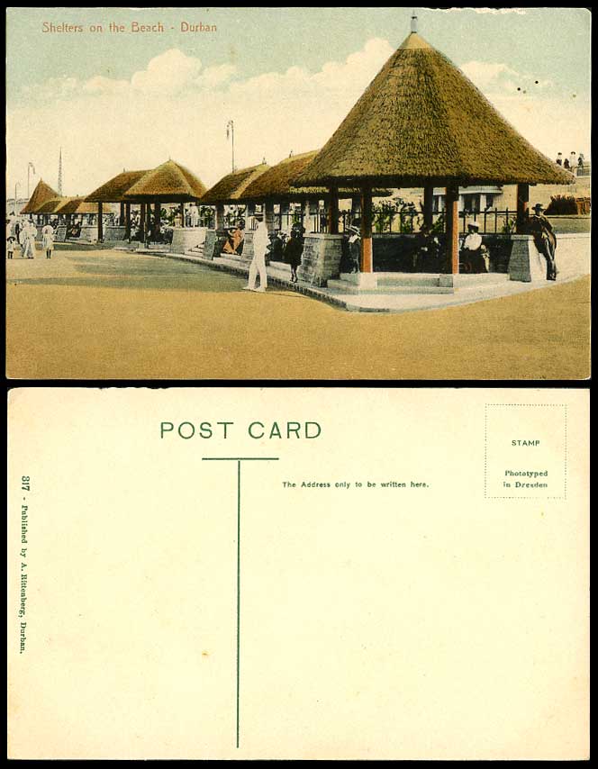 South Africa Durban Old Colour Postcard Shelters on the Beach, Huts Street Scene