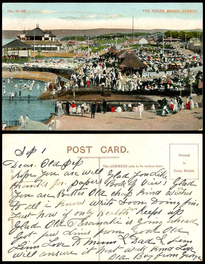 South Africa Old Colour Postcard DURBAN OCEAN BEACH Shelters, Bandstand, Streets