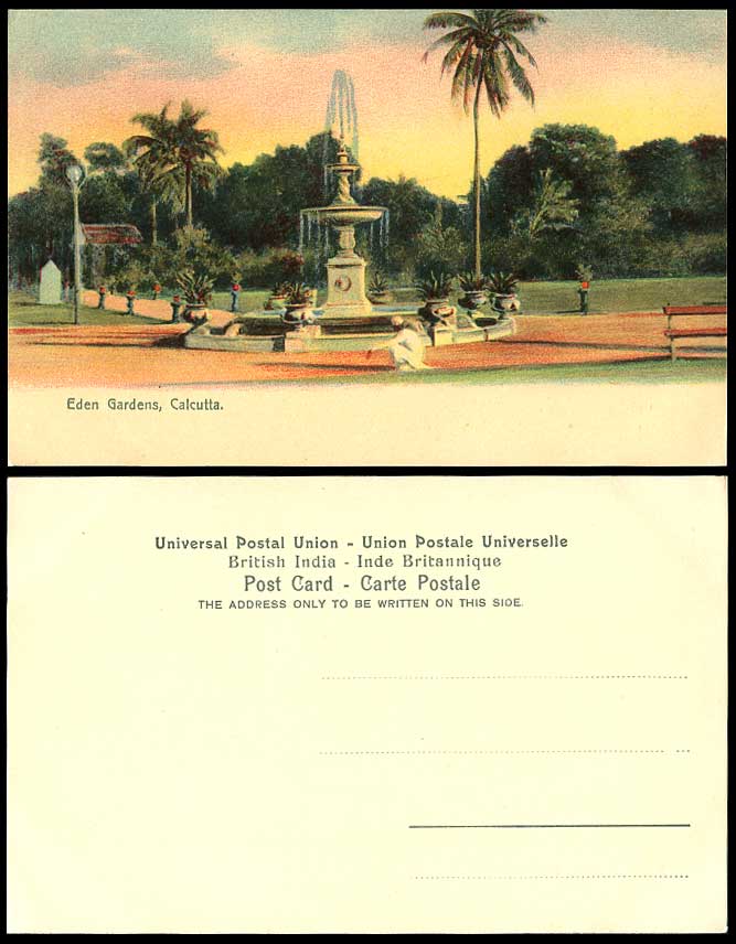 India Old Colour Postcard Eden Gardens Calcutta Sunset Fountain Palm Trees Gdns.