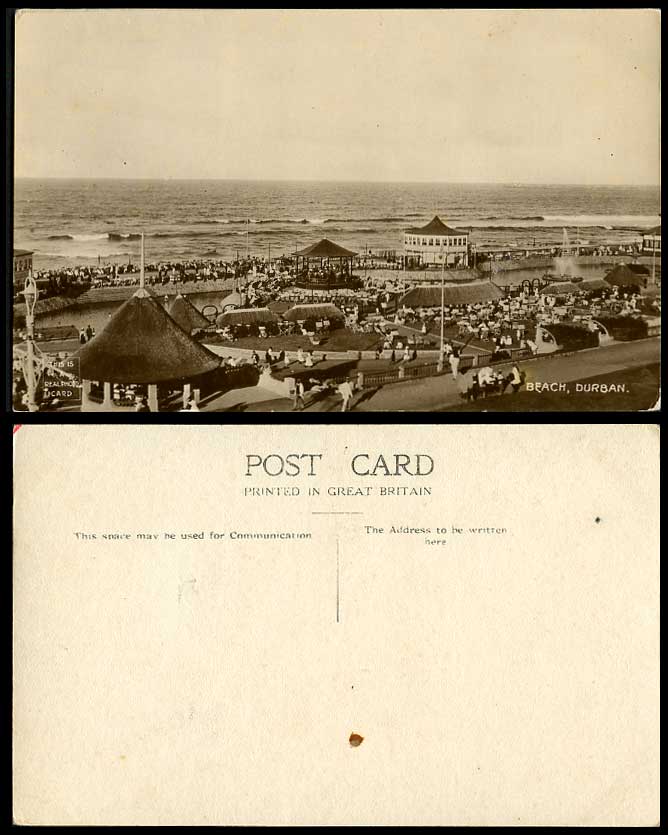 South Africa Old Real Photo Postcard Durban Beach, Bandstand Shelters & Fountain