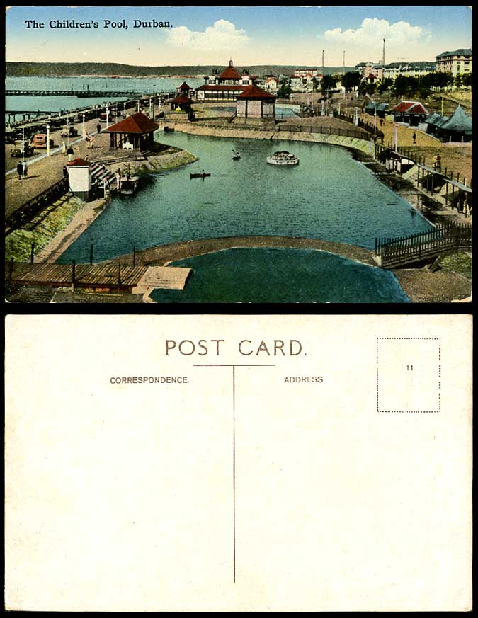 South Africa Old Postcard Durban, Children's Pool, Bridge Pier Street Scene Cars