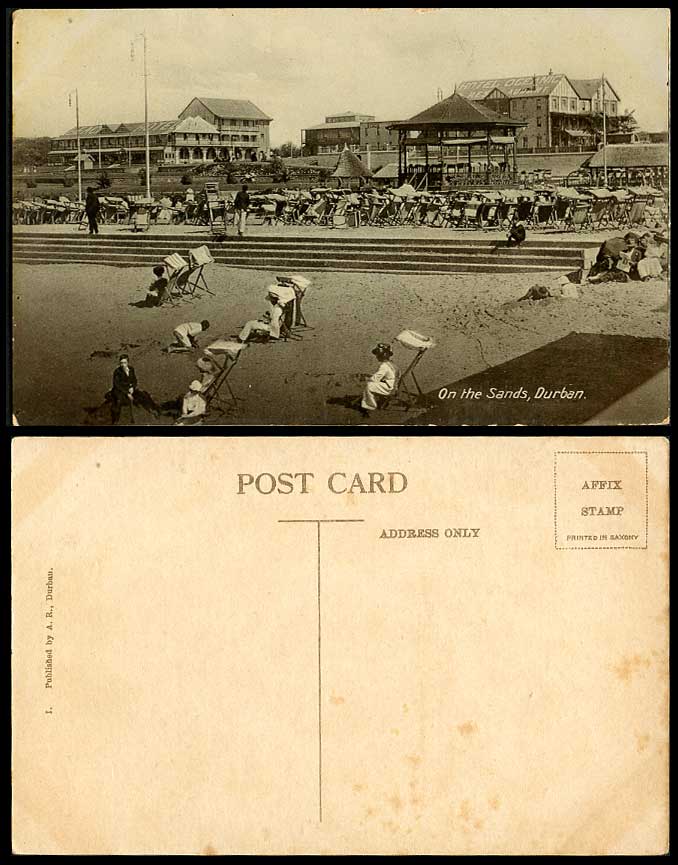 South Africa Durban On The Sands, Bandstand, Beach Early Deckchairs Old Postcard
